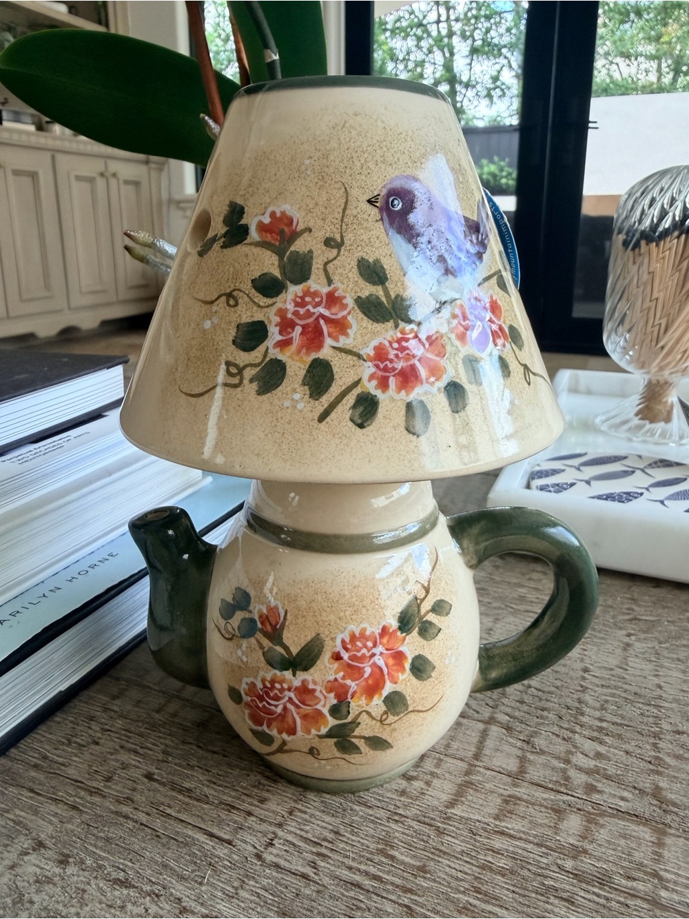 Crazy Mountain Gifts Tealight Candle Lamp 7”  Ceramic Floral Blue Bird Vintage